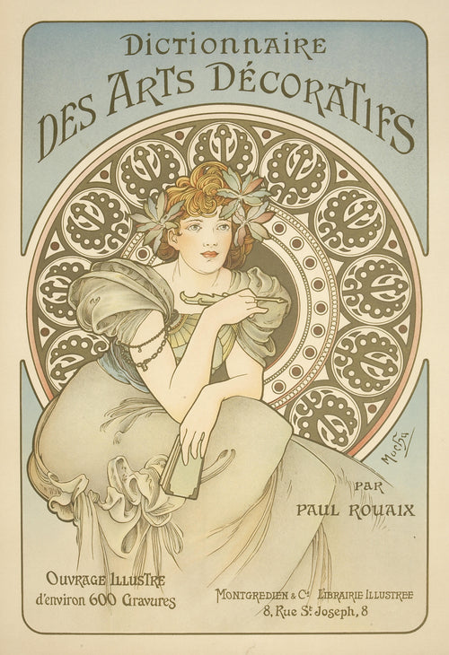 Dictionnaire des Arts Décoratifs by Alphonse Mucha — A young woman with a quill and book before a ring of scroll motifs