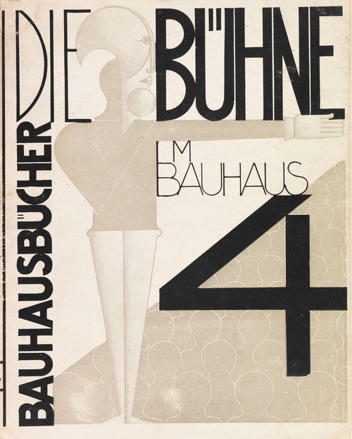 Die Bühne im Bauhaus by Oskar Schlemmer — A stylised performer points across bold black lettering on a cover