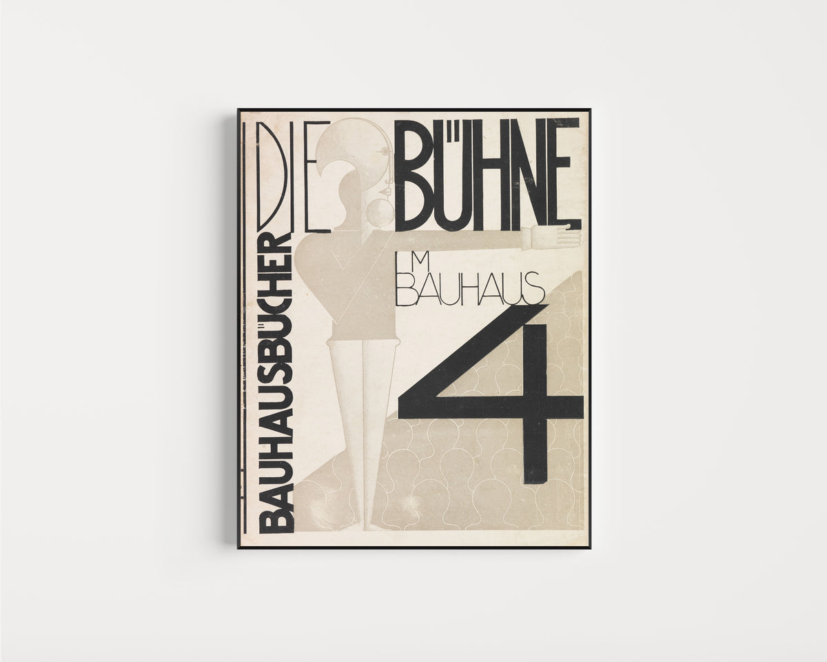 Framed art print of Die Bühne im Bauhaus by Oskar Schlemmer, in a slim black frame on a plain white wall