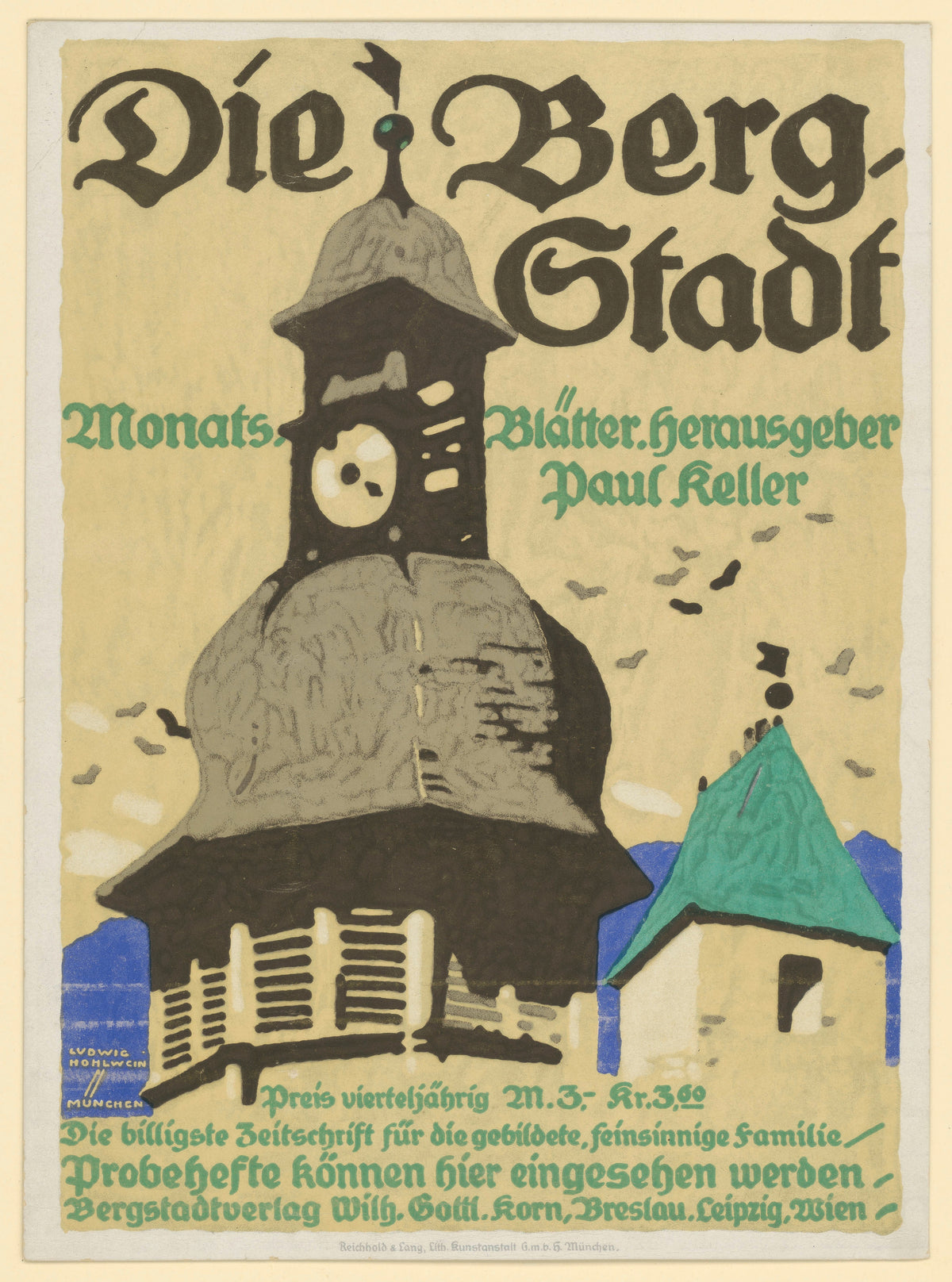 Die Bergstadt: Monatsblätter by Ludwig Hohlwein — A clock tower with a bell-shaped roof beside a green-roofed hut