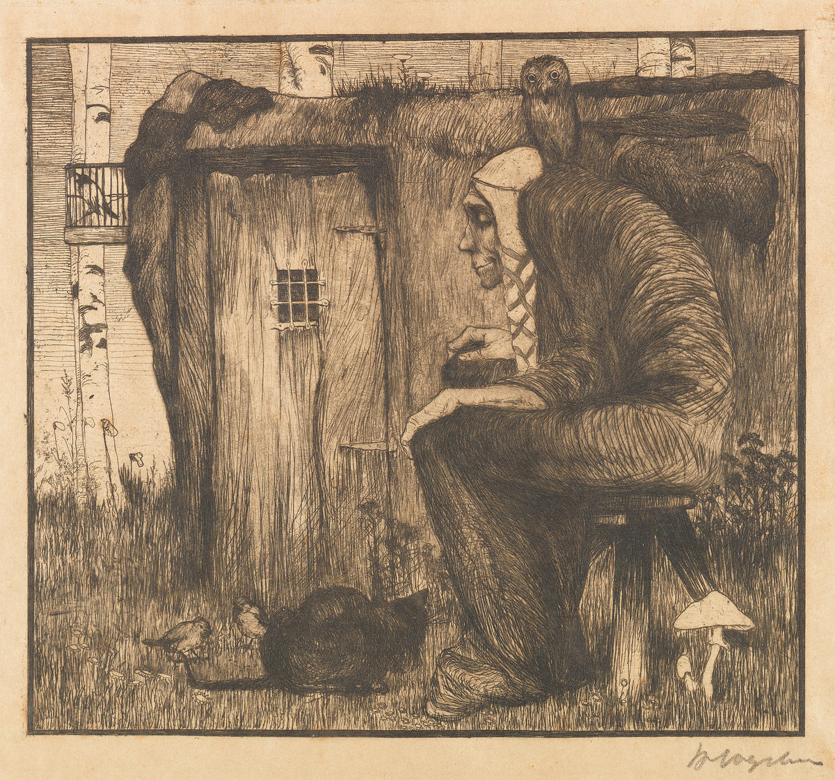 Die Hexe mit Eule by Heinrich Vogeler — An old woman sits by her turf hut with a cat, an owl and sparrows