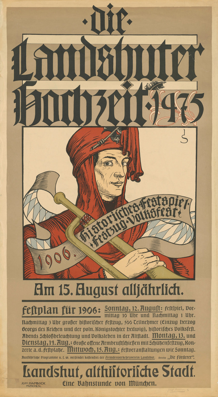 Joseph Sattler — Die Landshuter Hochzeit: Historisches Festspiel, 1906 | Vintage Poster Print shown to scale on a wall above a sofa