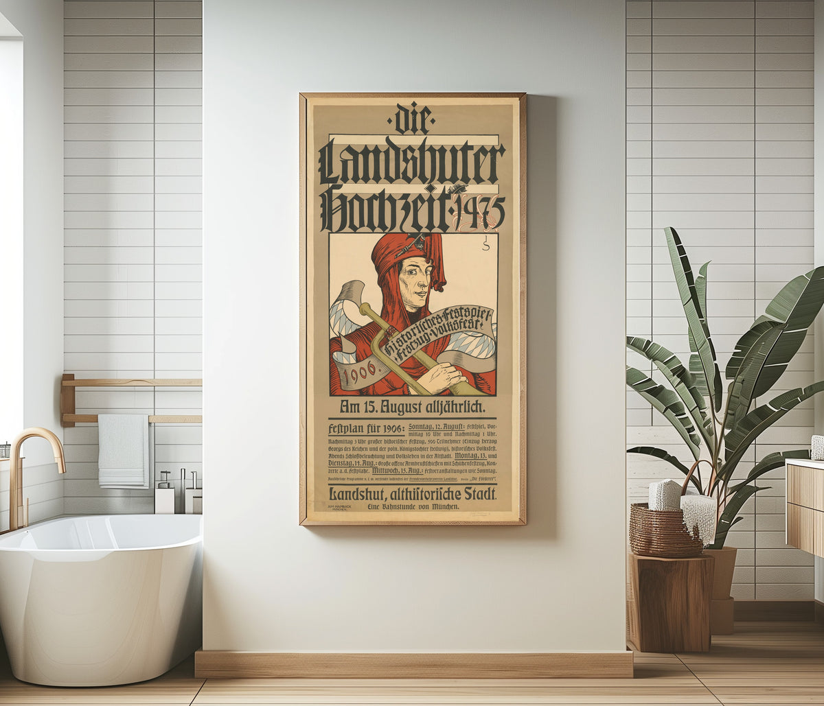 Framed art print of Die Landshuter Hochzeit: Historisches Festspiel, 1906 by Joseph Sattler, in a bathroom beside a freestanding tub
