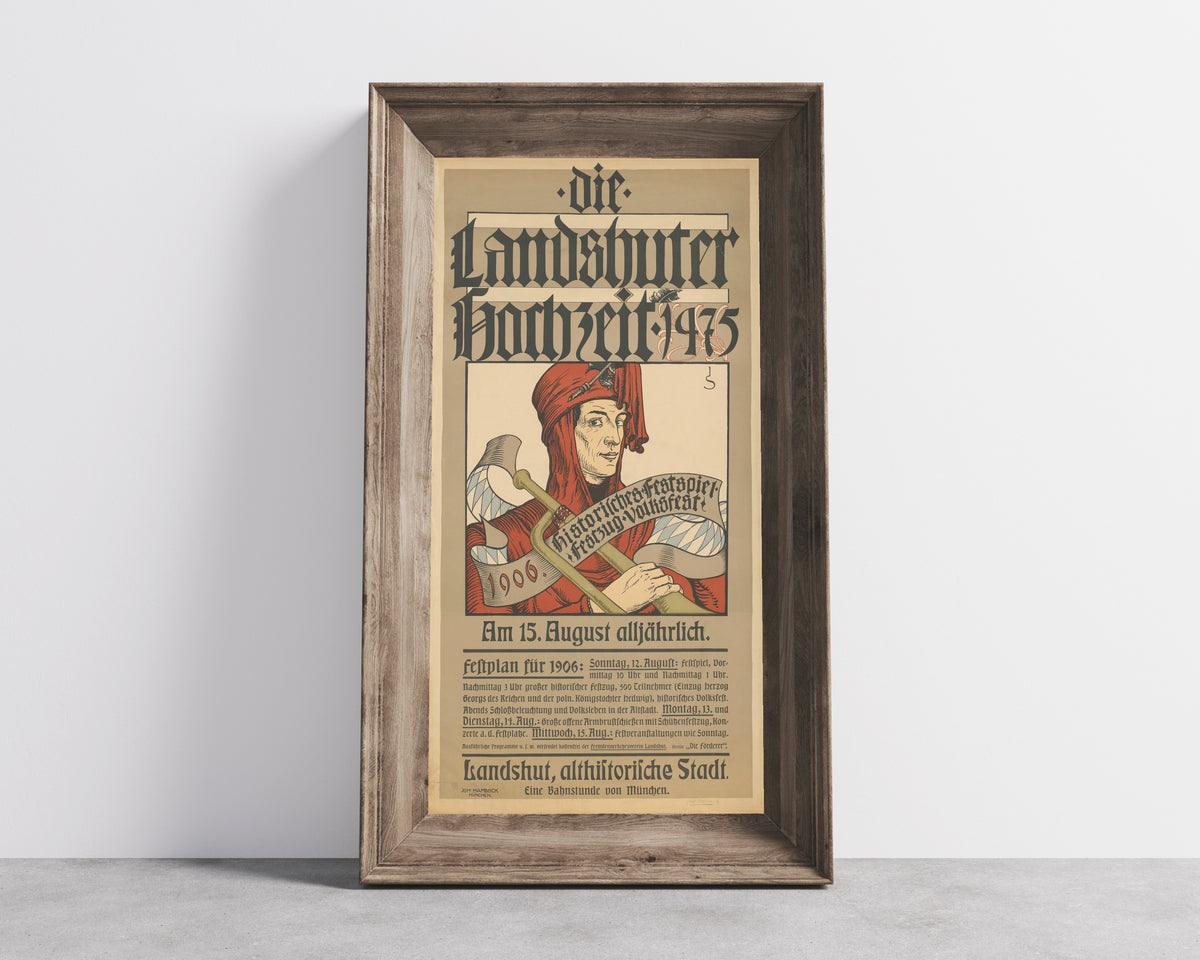 Framed art print of Die Landshuter Hochzeit: Historisches Festspiel, 1906 by Joseph Sattler, in a wide wooden frame leaning against a concrete wall