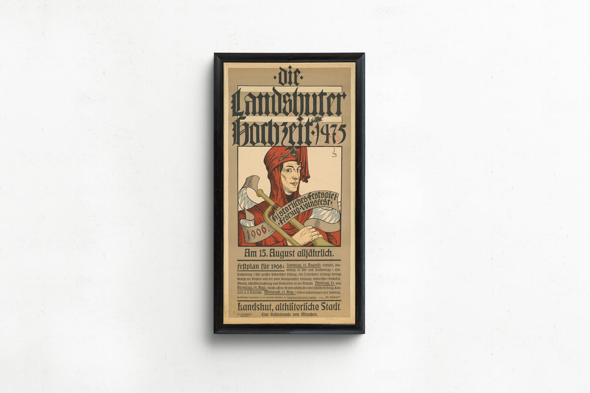 Framed art print of Die Landshuter Hochzeit: Historisches Festspiel, 1906 by Joseph Sattler, in a slim black frame on a plain white wall