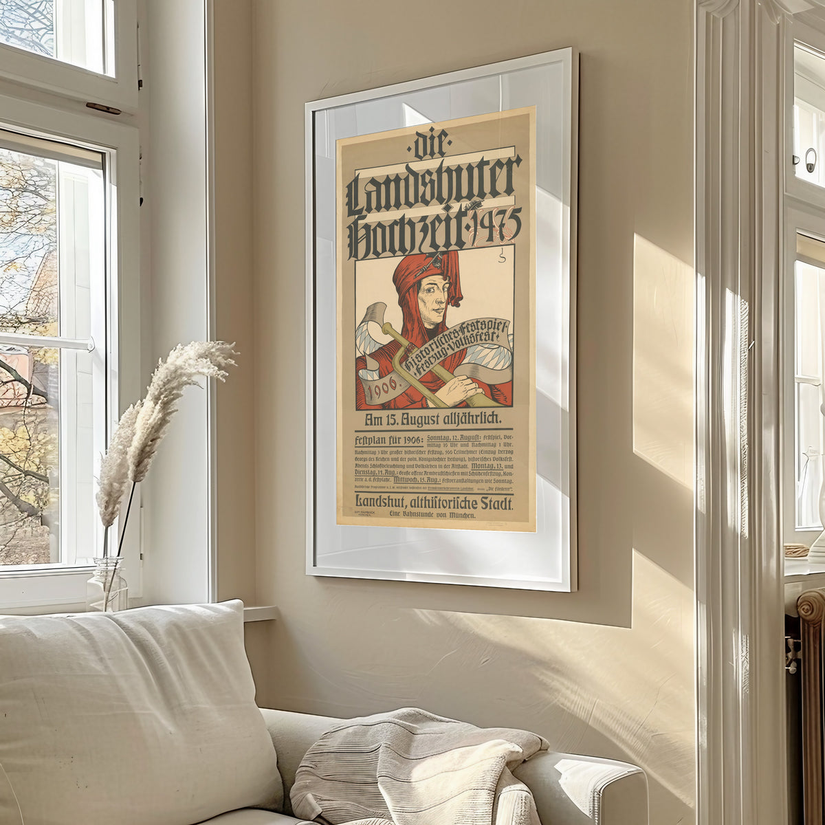 Framed art print of Die Landshuter Hochzeit: Historisches Festspiel, 1906 by Joseph Sattler, in a sunlit living room above a sofa