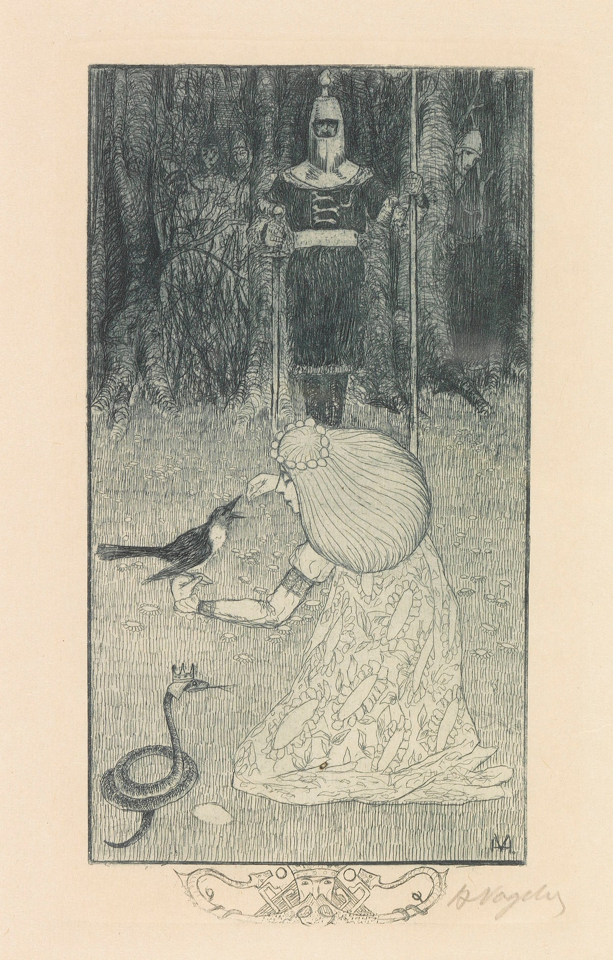 Die Schlangenbraut by Heinrich Vogeler — A girl with a bird faces a crowned snake while a knight watches
