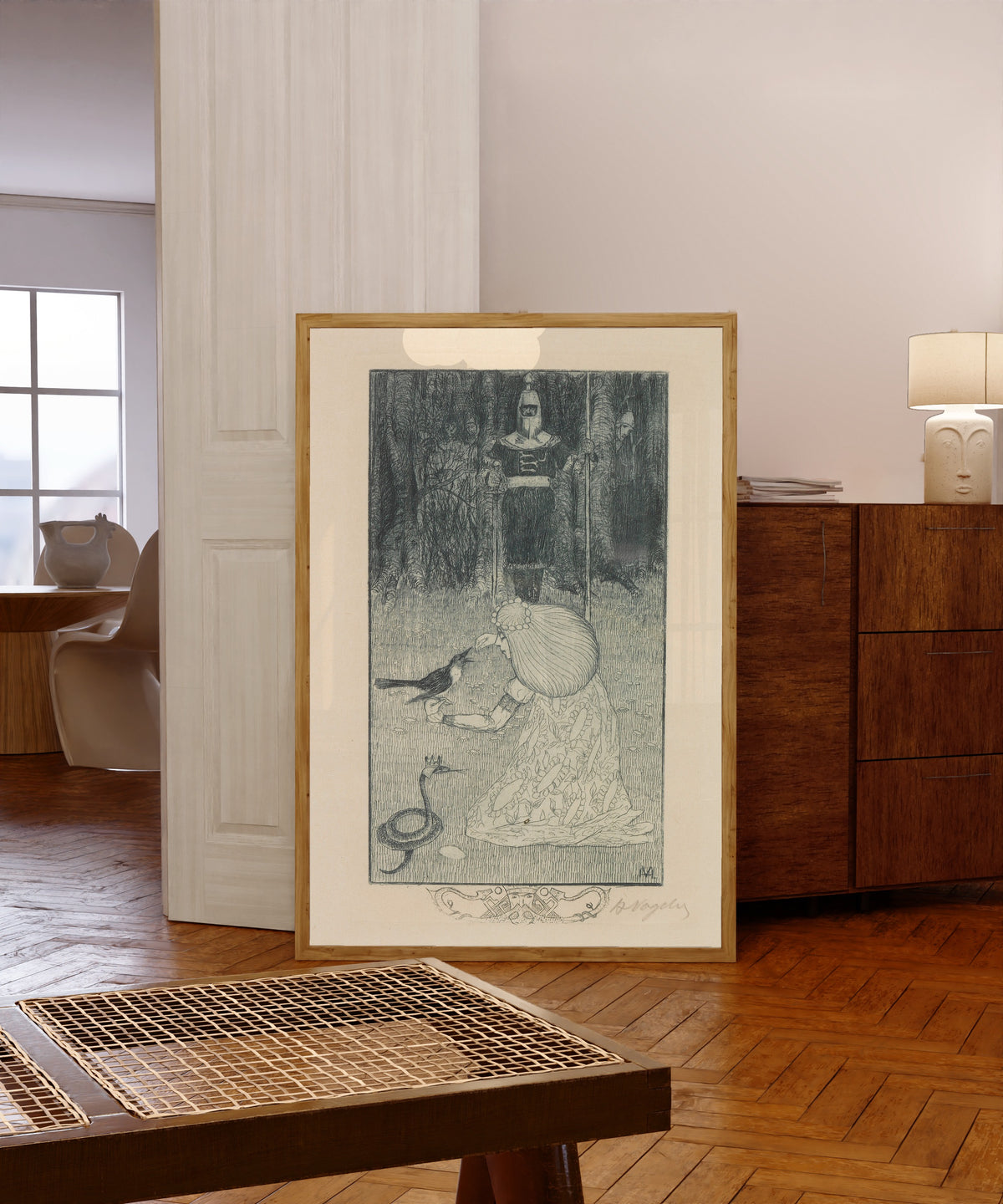 Framed art print of Die Schlangenbraut by Heinrich Vogeler, in a light wood frame leaning in a warm room with a parquet floor
