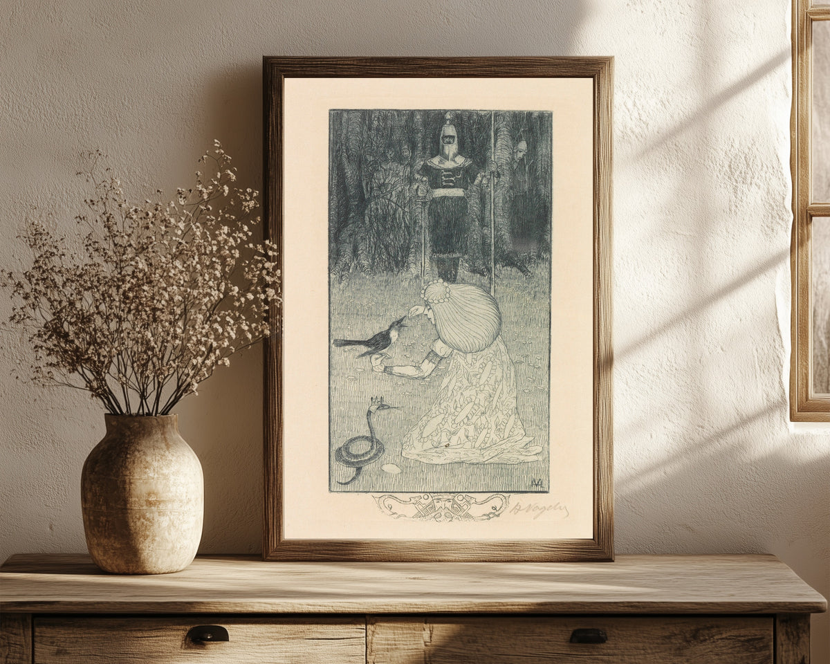 Framed art print of Die Schlangenbraut by Heinrich Vogeler, in a dark wood frame leaning on a rustic console beside dried flowers