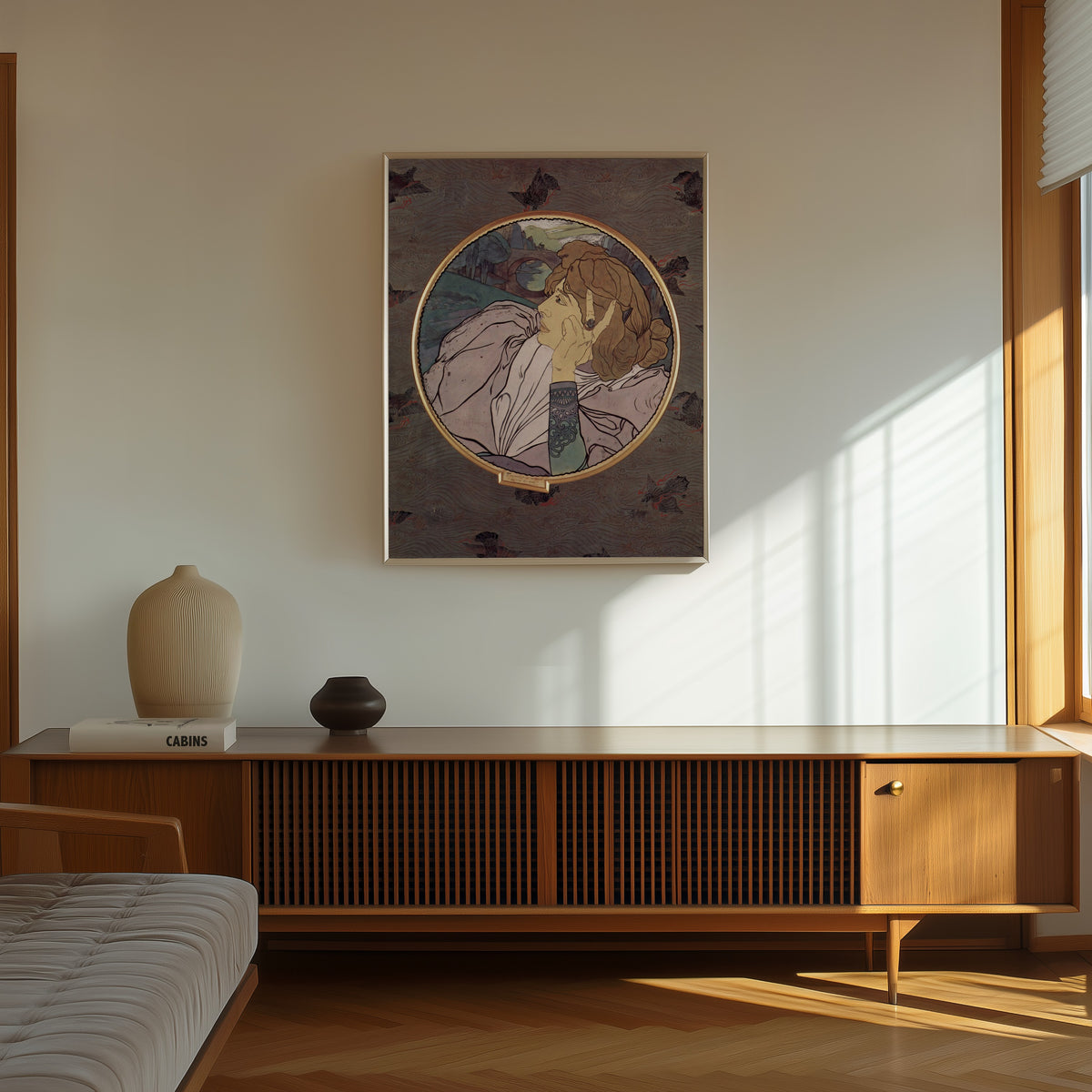 Framed art print of Die Stimme des Bösen oder Melancholie (Tondo) by Georges de Feure, in a thin light frame on a sunlit wall above a wooden sideboard