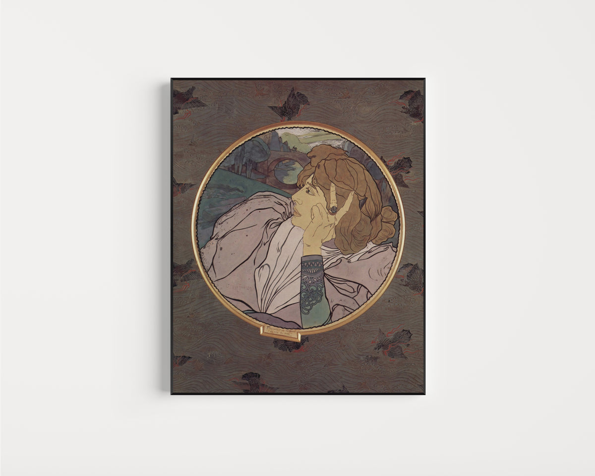Framed art print of Die Stimme des Bösen oder Melancholie (Tondo) by Georges de Feure, in a slim black frame on a plain white wall