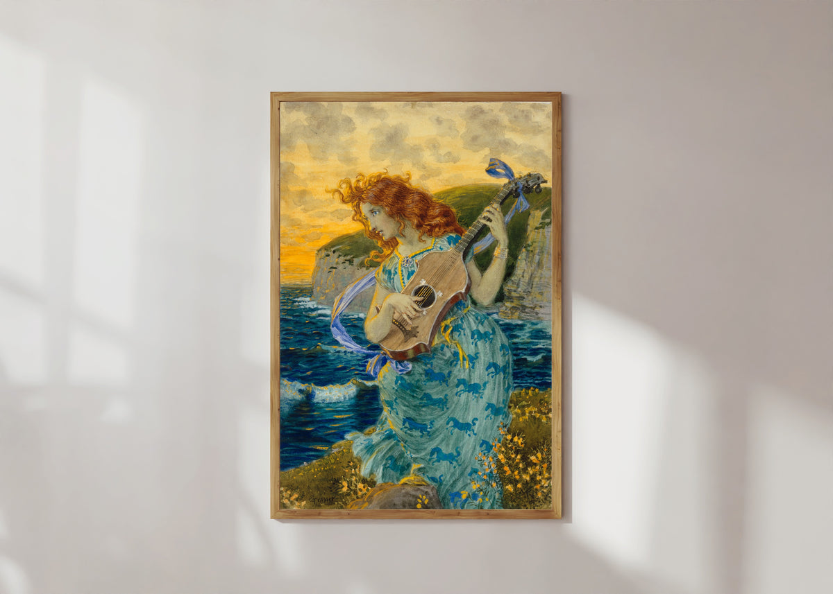 Framed art print of Die Tochter des Barden by Eugène Grasset, in a light wood frame on a sunlit white wall