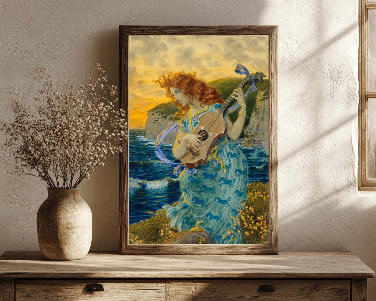 Framed art print of Die Tochter des Barden by Eugène Grasset, in a dark wood frame leaning on a rustic console beside dried flowers