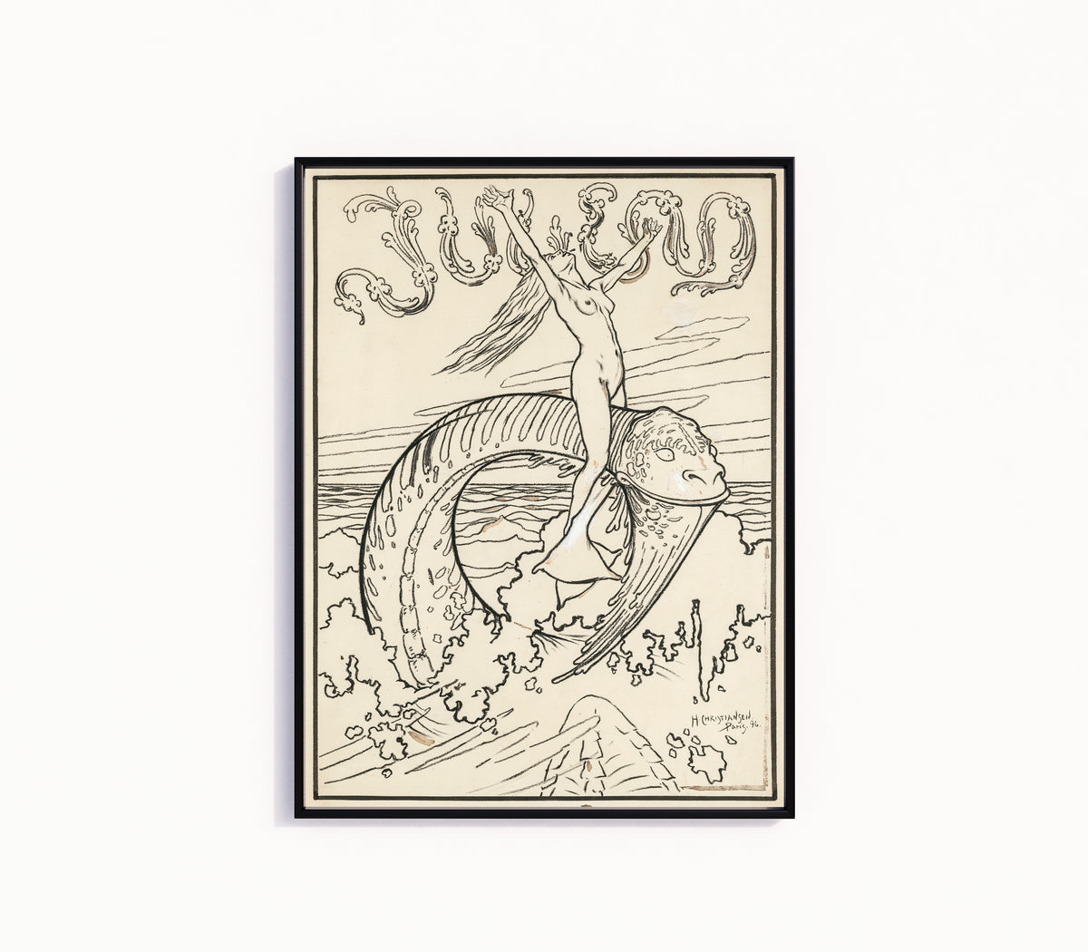Framed art print of Die Woge by Hans Christiansen, in a slim black frame on a plain white wall