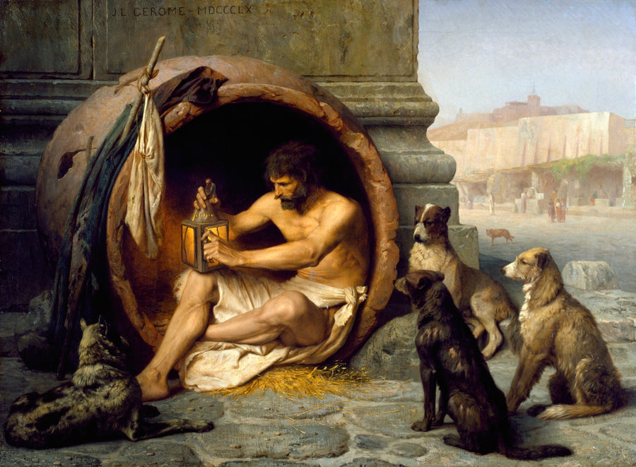 Jean-Léon Gérôme — Diogenes | Art Print shown to scale on a wall above a sofa