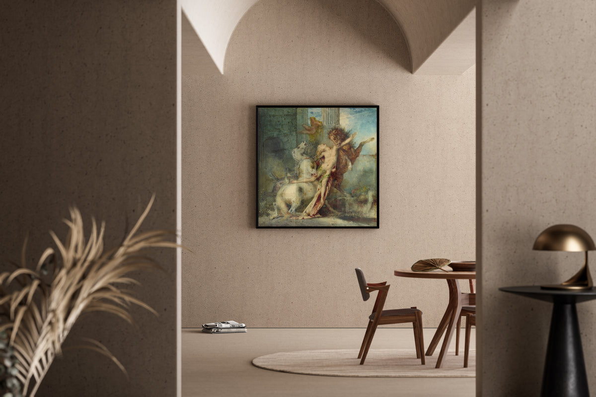 Framed art print of Diomedes Devoured by His Horses by Gustave Moreau, in a sunlit dining corner