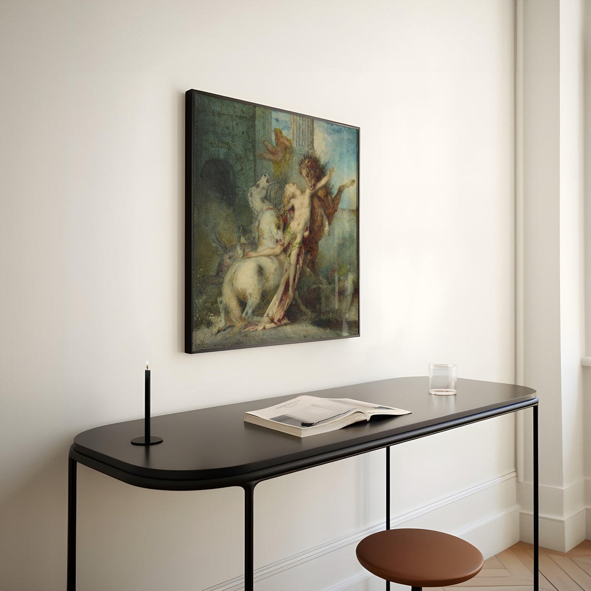 Framed art print of Diomedes Devoured by His Horses by Gustave Moreau, above a slim black console table