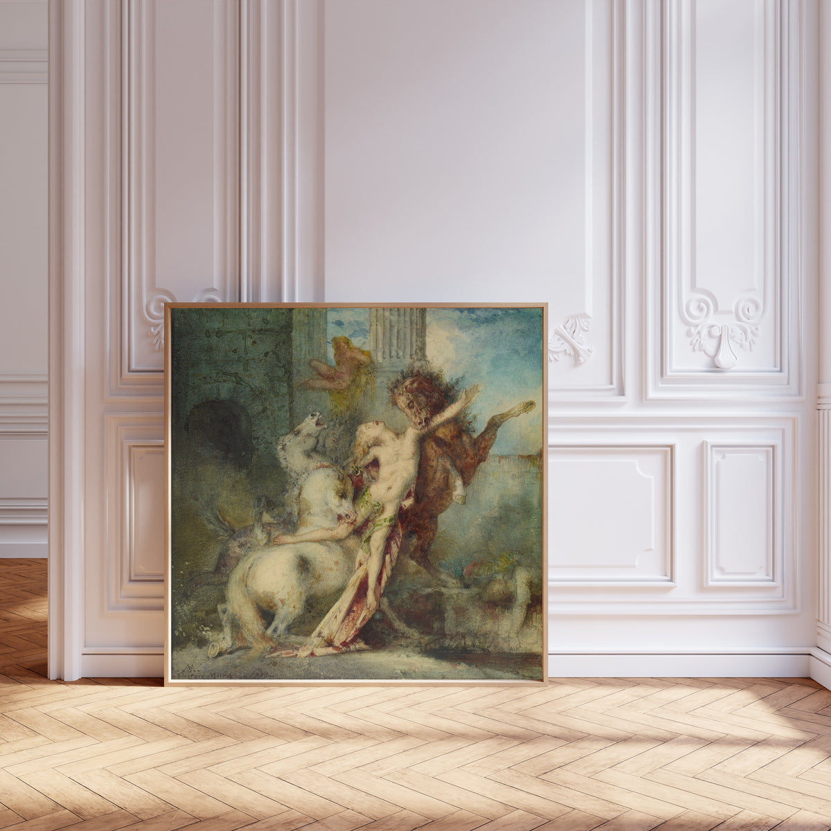 Framed art print of Diomedes Devoured by His Horses by Gustave Moreau, leaning against pale pink panelling on a herringbone floor