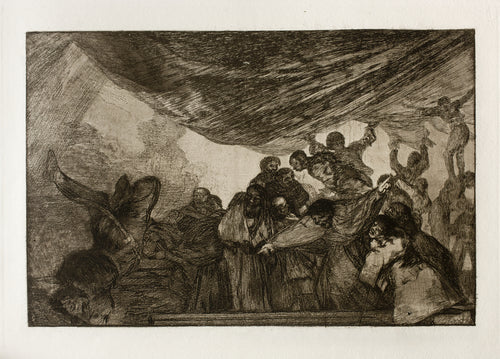 Disparate claro (Clear Folly), from Los Disparates by Francisco de Goya — Figures lift a vast dark canopy as a man tumbles head over heels