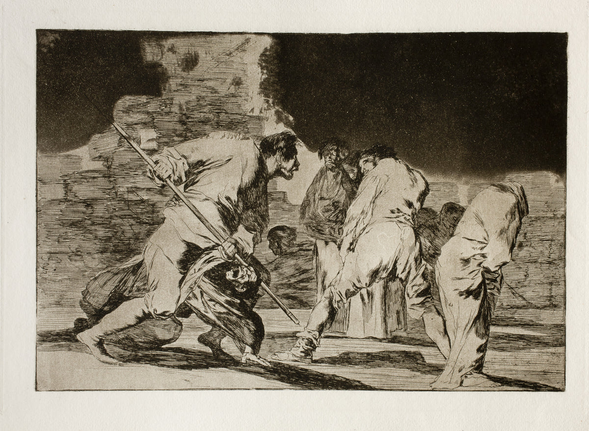 Disparate cruel (Cruel Folly), from Los Disparates by Francisco de Goya — A man with a long staff clamps another who cries out beneath him