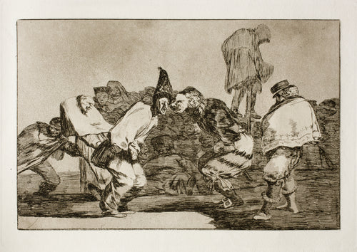 Disparate de carnaval (Carnival Folly), from Los Disparates by Francisco de Goya — Masked carnival revellers clash nose to nose under a man on stilts
