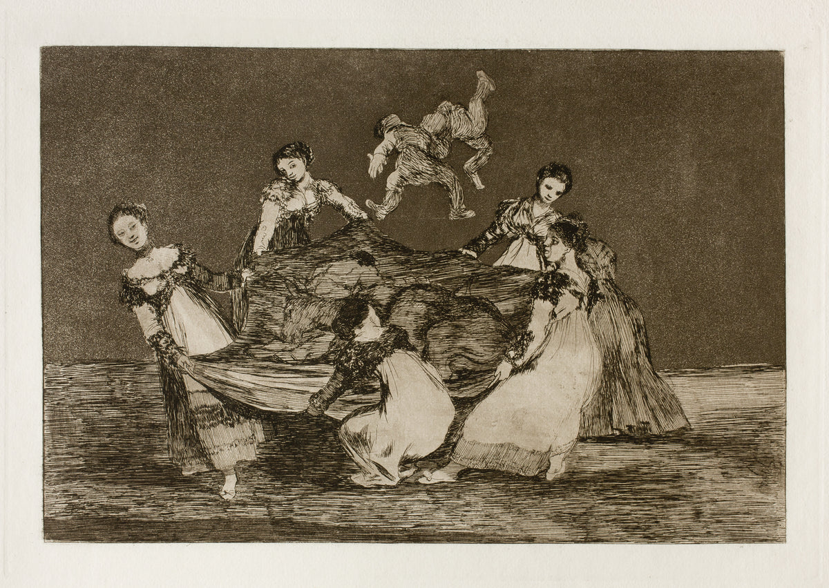 Disparate femenino (Feminine Folly), from Los Disparates by Francisco de Goya — Six women toss a limp man and a donkey in a blanket