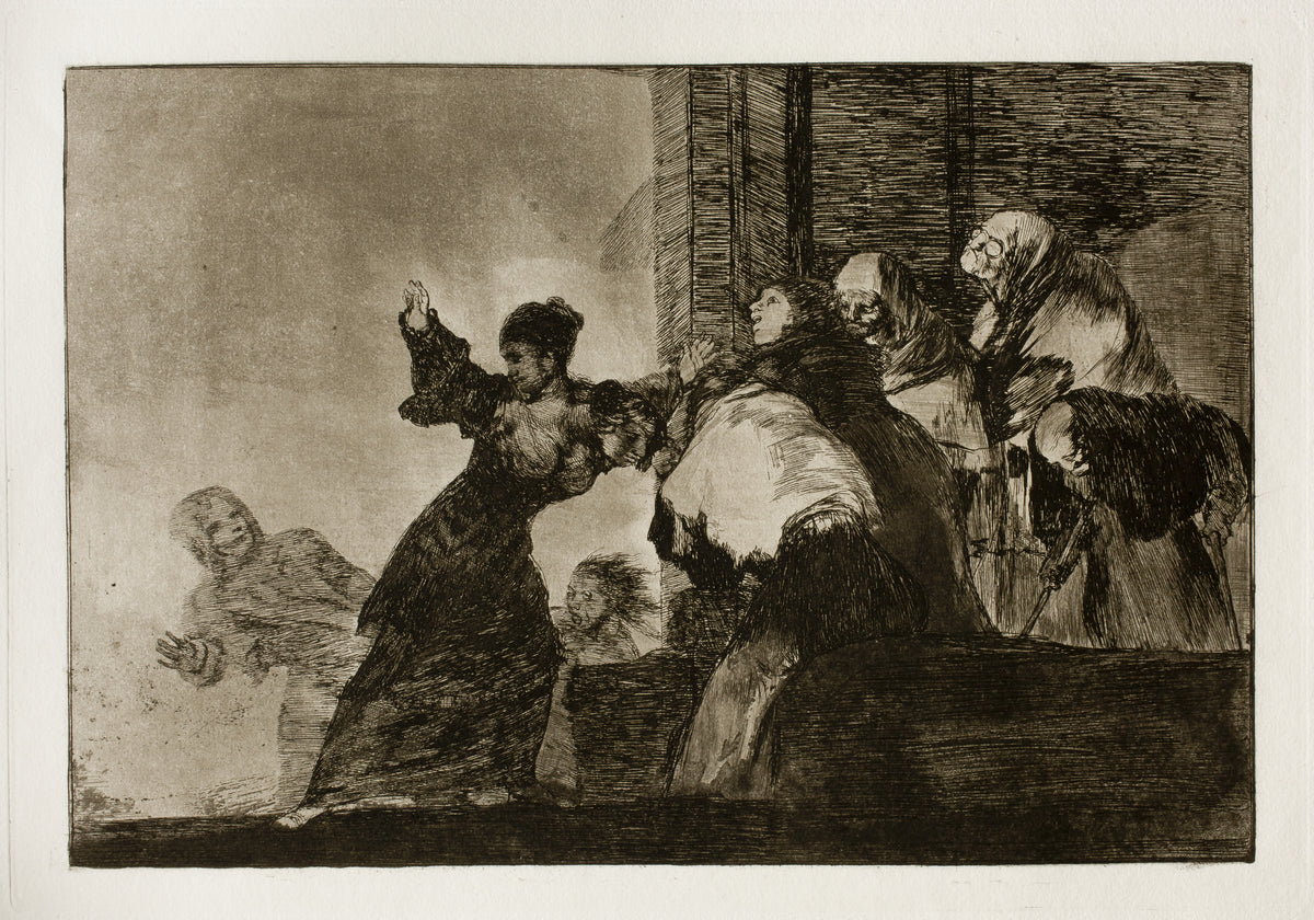 Disparate pobre (Poor Folly), from Los Disparates by Francisco de Goya — A woman in black strides away from hooded old women in a doorway