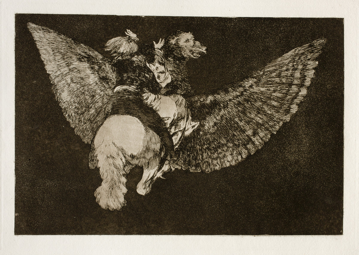 Disparate volante (Flying Folly), from Los Disparates by Francisco de Goya — Riders cling to a winged beast flying through the night