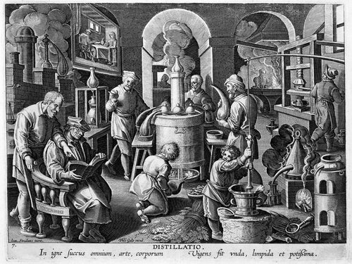 Distillatio: the Alchemist's Laboratory (Nova Reperta) by Philips Galle after Jan van der Straet — A spectacled scholar reads among the furnaces of a busy