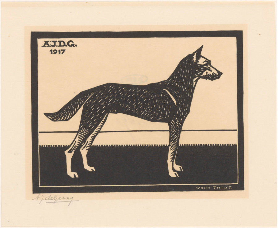 Julie de Graag — Dog | Woodcut Print shown to scale on a wall above a sofa