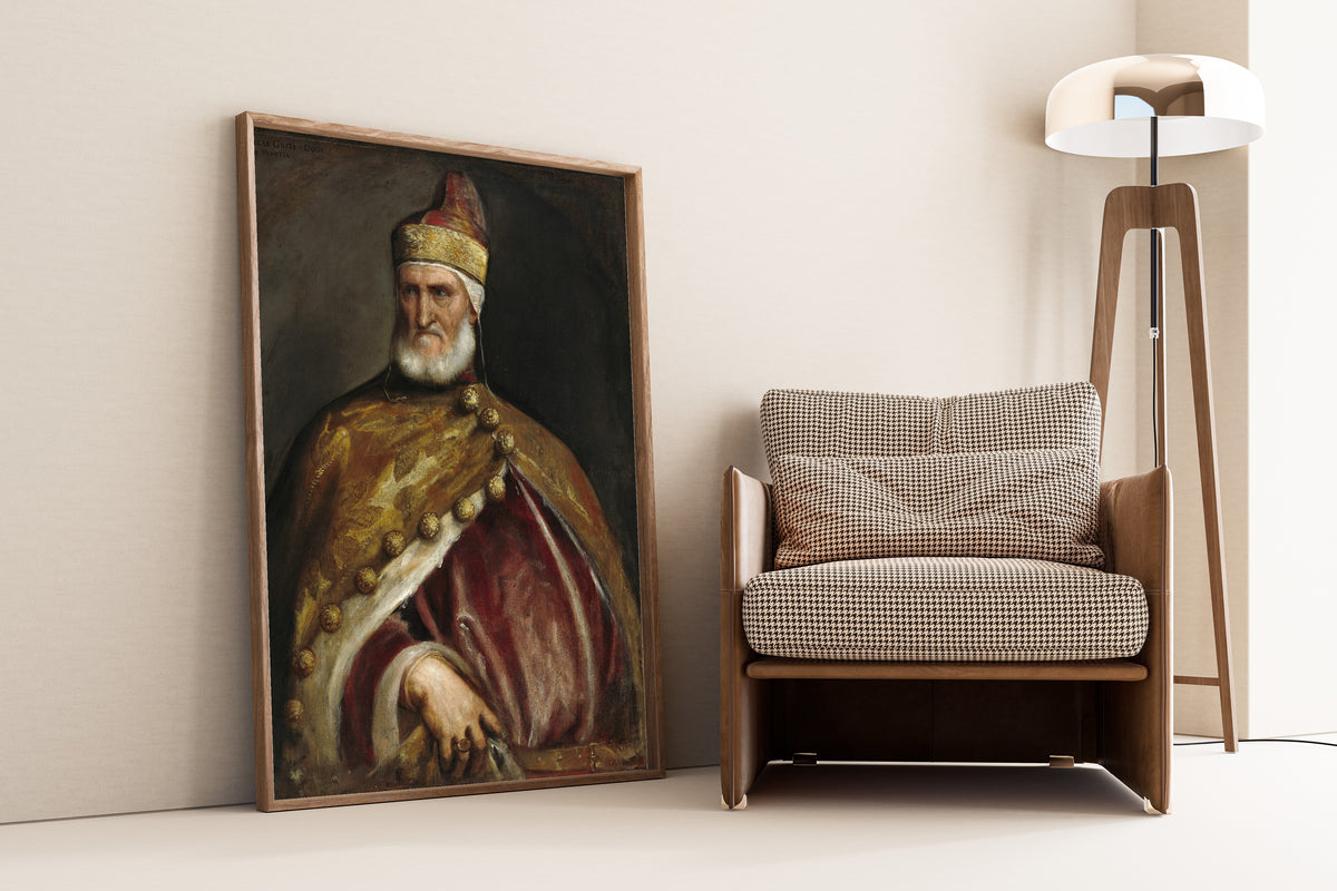 Framed art print of Doge Andrea Gritti by Titian, leaning against a wall beside an armchair and a floor lamp