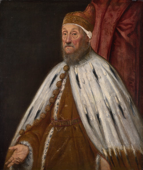 Doge Pietro Loredano by Tintoretto — An elderly doge in ermine and gold, one hand held open