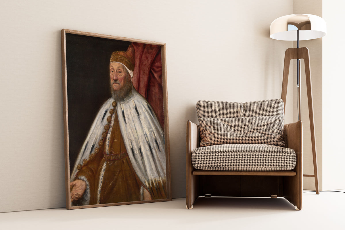 Framed art print of Doge Pietro Loredano by Tintoretto, leaning against a wall beside an armchair and a floor lamp