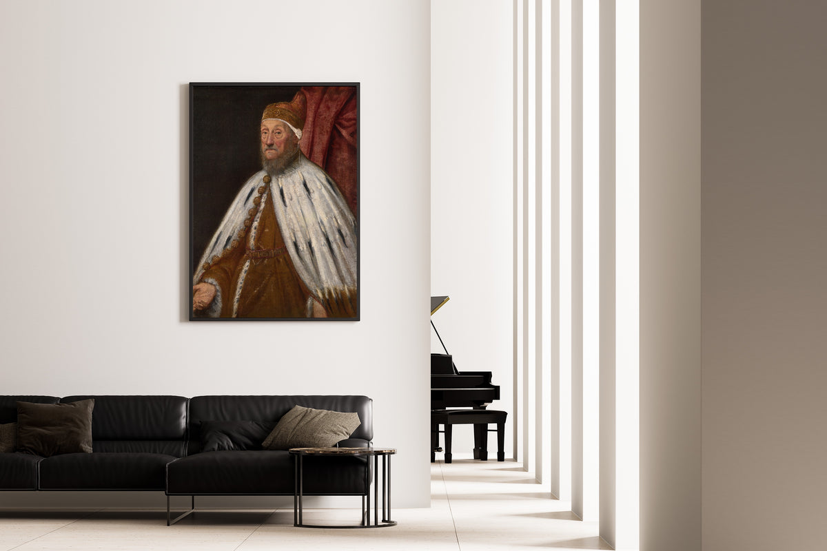 Framed art print of Doge Pietro Loredano by Tintoretto, on the wall of a minimal living room