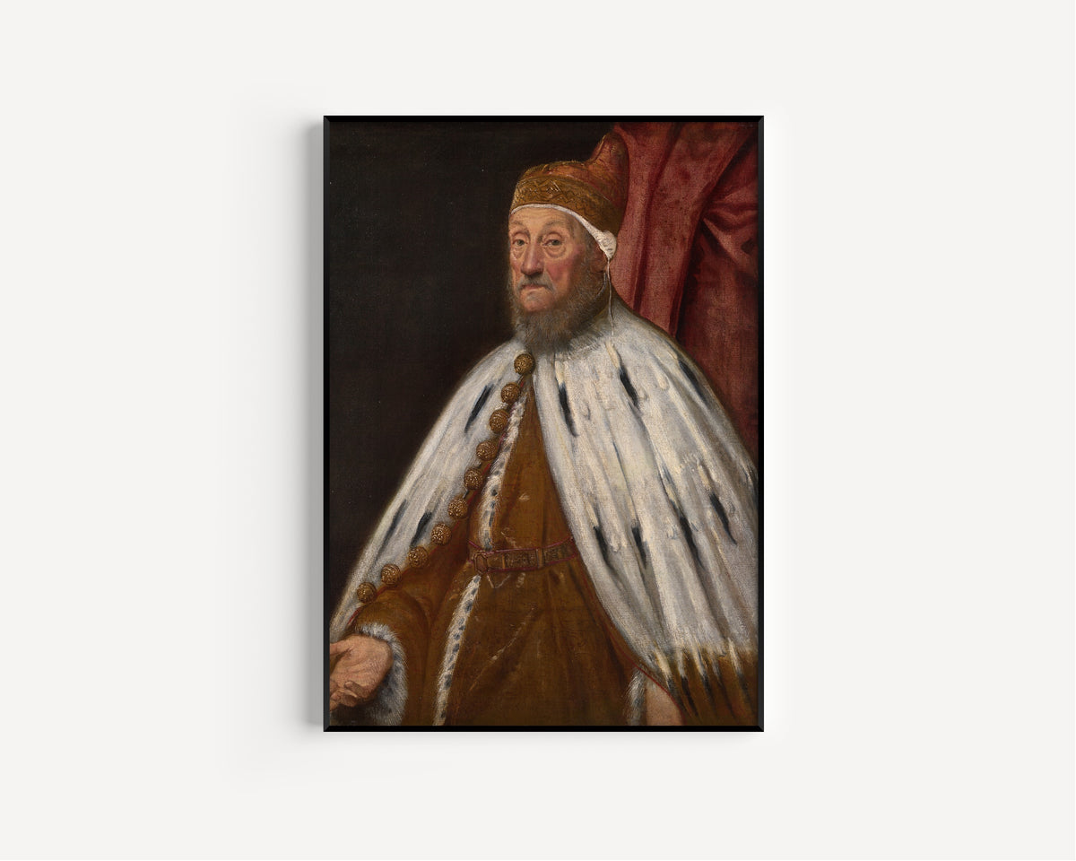 Framed art print of Doge Pietro Loredano by Tintoretto, in a slim black frame on a plain white wall