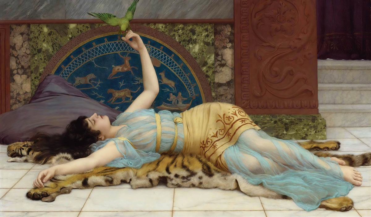 Dolce Far Niente by John William Godward — A woman on a tiger skin reaches up to a green parrot