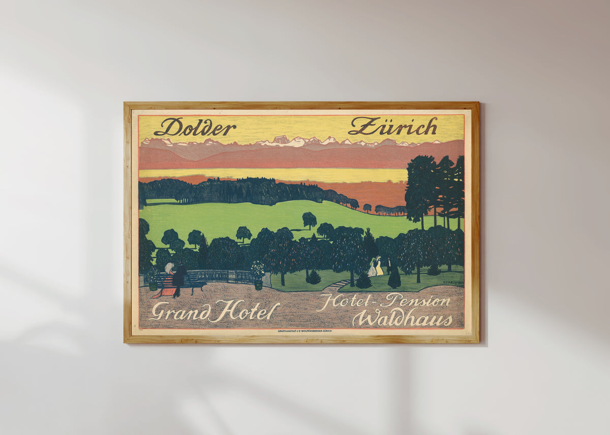 Framed art print of Dolder Grand Hotel, Hotel-Pension Waldhaus, Zürich by Emil Cardinaux, in a light wood frame on a sunlit white wall