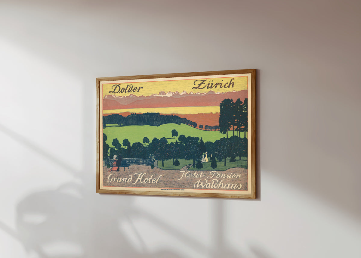 Framed art print of Dolder Grand Hotel, Hotel-Pension Waldhaus, Zürich by Emil Cardinaux, in a light wood frame on a sunlit white wall, seen at a slight angle