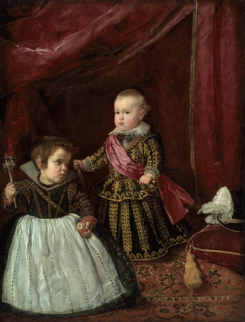 Don Baltasar Carlos with a Dwarf by Diego Velázquez — A small prince in green and gold beside a dwarf with a rattle