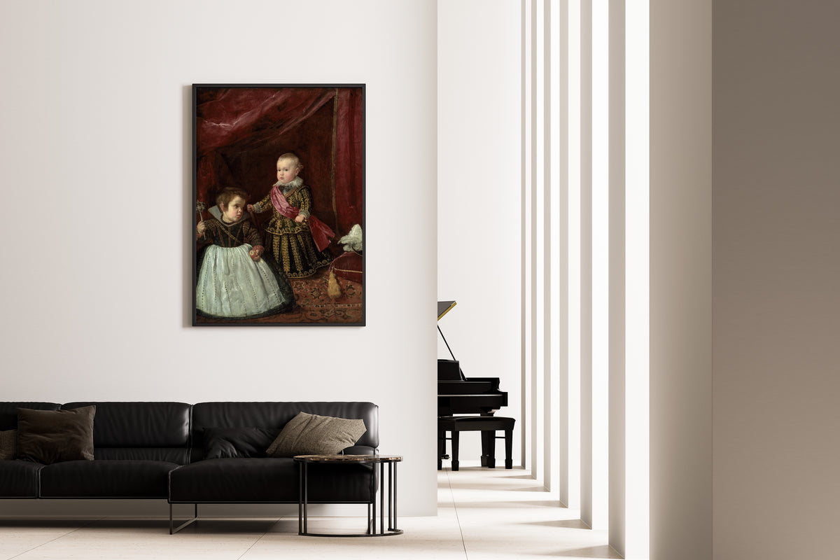 Framed art print of Don Baltasar Carlos with a Dwarf by Diego Velázquez, on the wall of a minimal living room