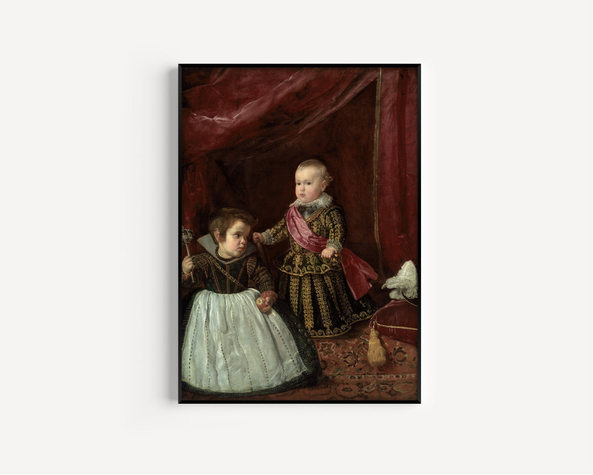 Framed art print of Don Baltasar Carlos with a Dwarf by Diego Velázquez, in a slim black frame on a plain white wall