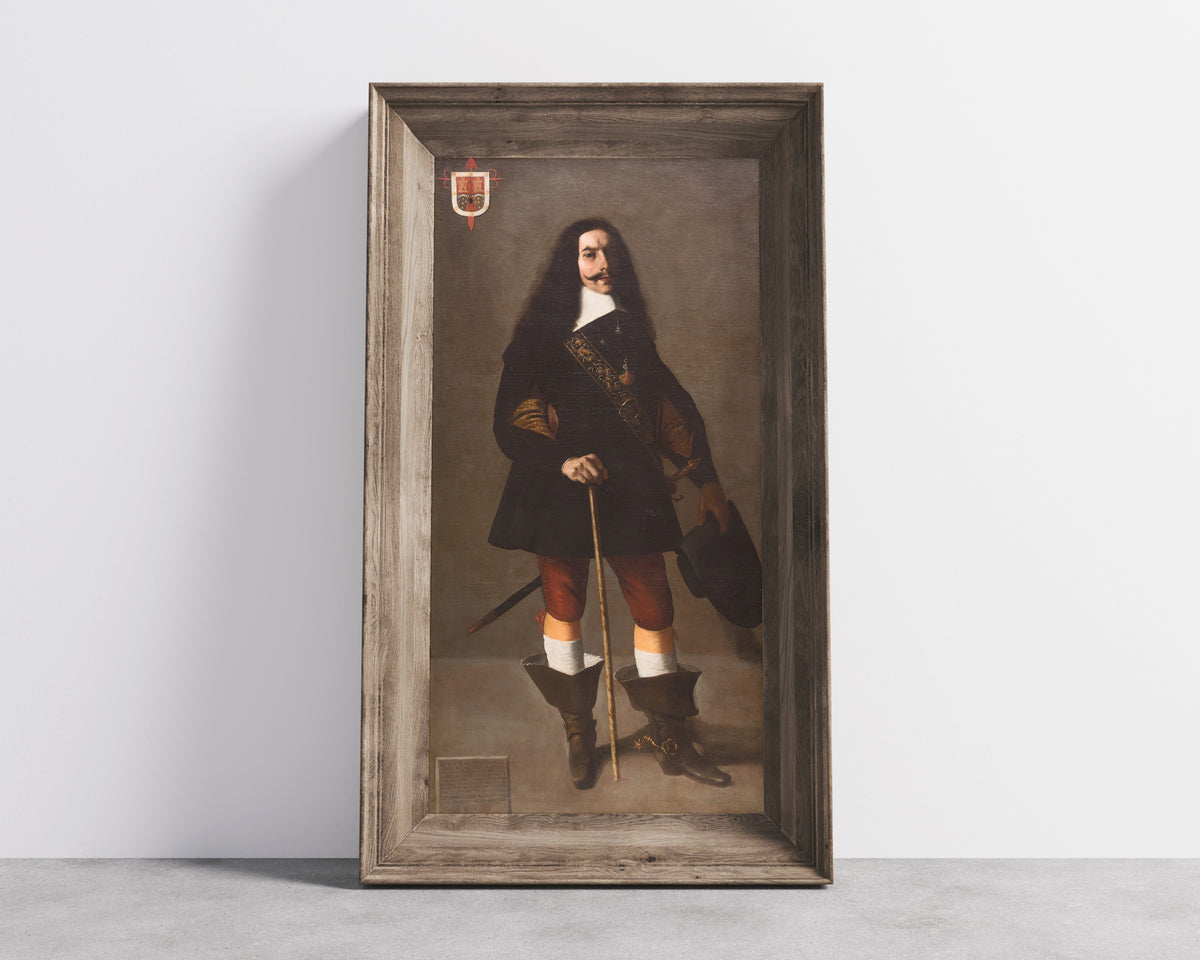 Framed art print of Don Juan Bazo de Moreda by Francisco de Zurbarán, in a wide wooden frame leaning against a concrete wall