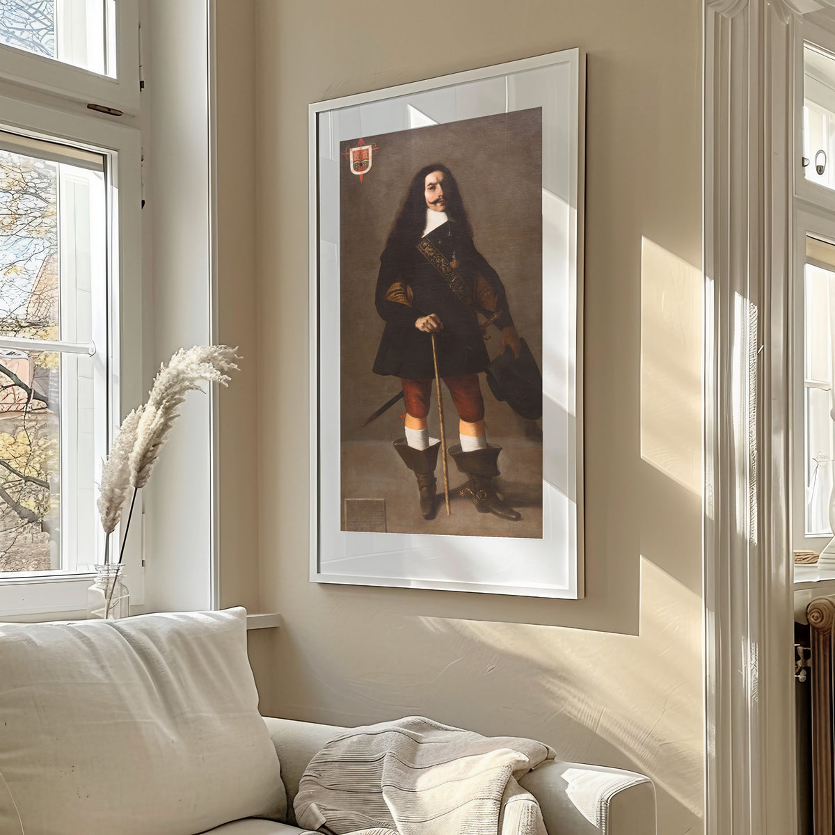 Framed art print of Don Juan Bazo de Moreda by Francisco de Zurbarán, in a sunlit living room above a sofa