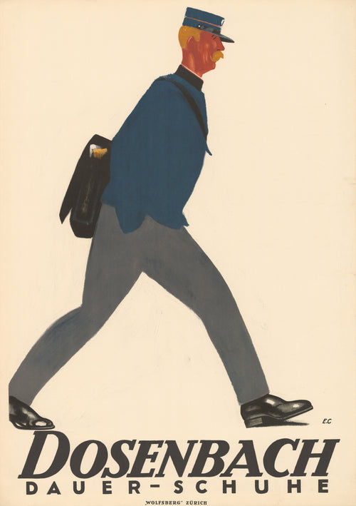 Dosenbach: Dauer-Schuhe by Emil Cardinaux — A postman in a blue tunic strides across a blank page