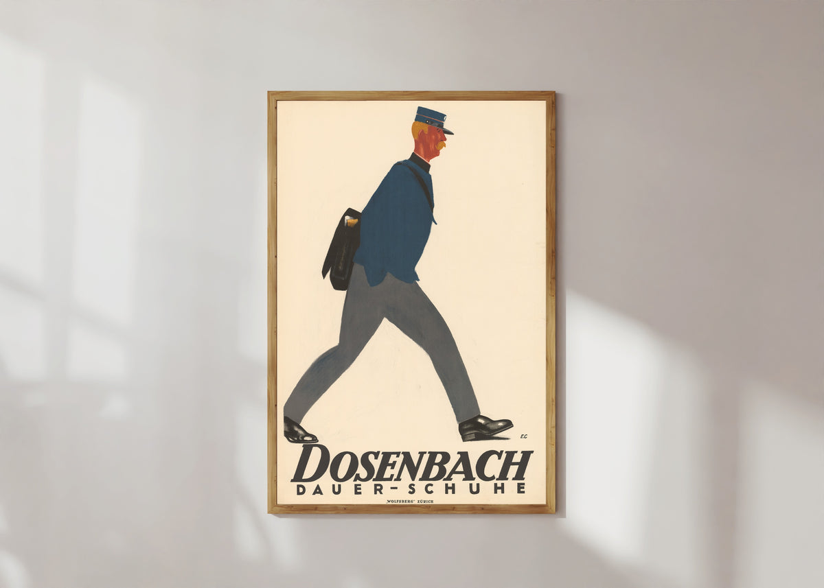 Framed art print of Dosenbach: Dauer-Schuhe by Emil Cardinaux, in a light wood frame on a sunlit white wall