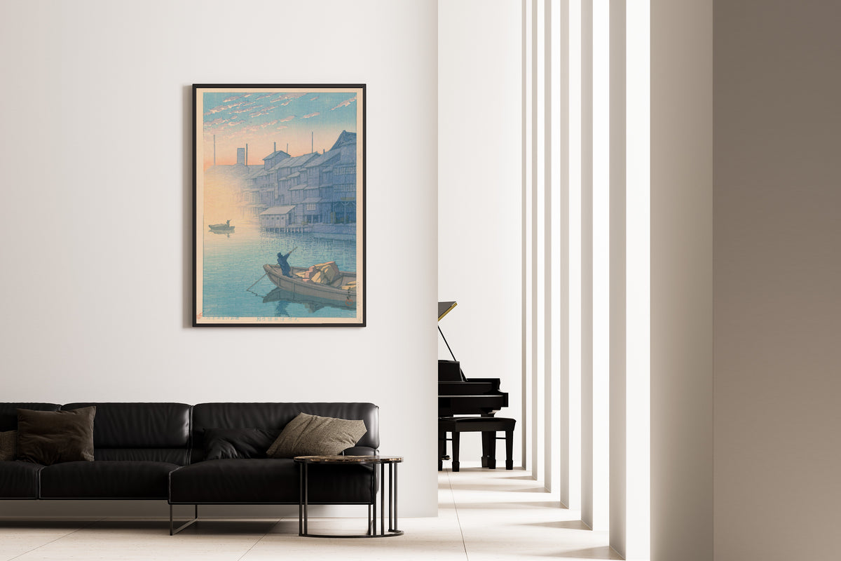 Framed art print of Dotonbori, Osaka, in the Morning (Kansai Series) by Kawase Hasui, on the wall of a minimal living room