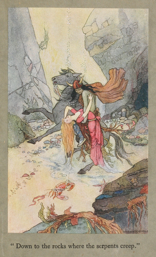 Down to the rocks where the serpents creep. by Warwick Goble — A horned rider carries a swooning woman past a crab