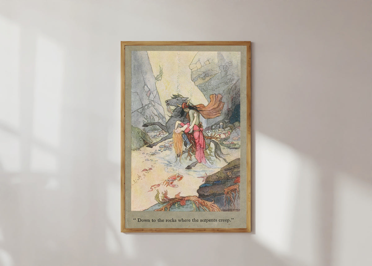 Framed art print of Down to the rocks where the serpents creep. by Warwick Goble, in a light wood frame on a sunlit white wall