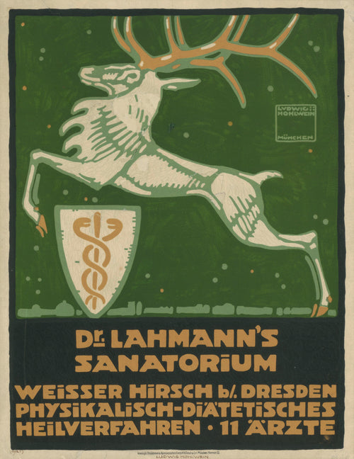 Dr. Lahmann's Sanatorium, Weisser Hirsch bei Dresden by Ludwig Hohlwein — A white stag leaps above a serpent-staff shield on green