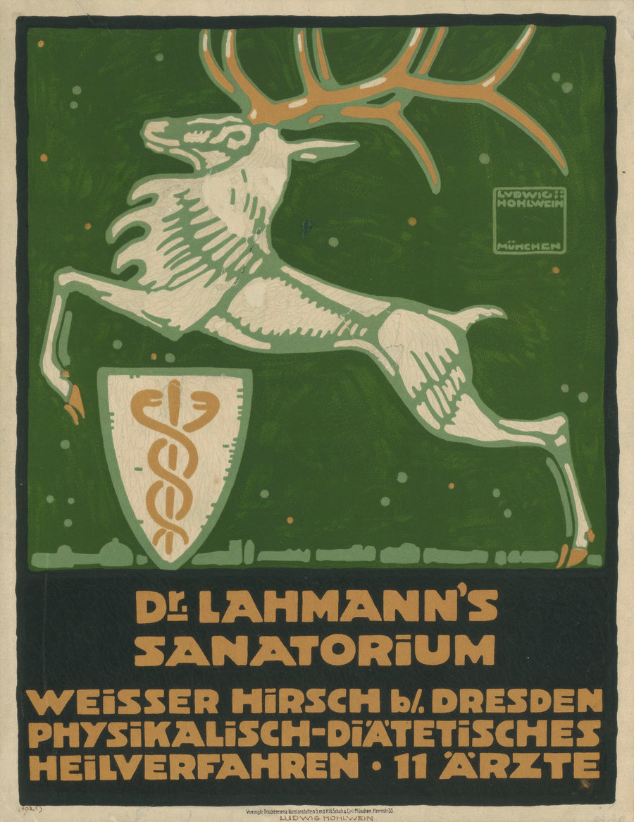 Ludwig Hohlwein — Dr. Lahmann's Sanatorium, Weisser Hirsch bei Dresden | Vintage Poster Print shown to scale on a wall above a sofa